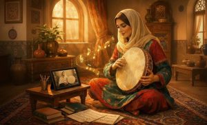 تصویر یک خانم هنرجوی دف که با فیلم های آموزشی آفلاین در حال یادگیری دف در منزل می باشد.