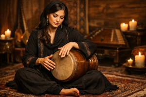 تصویر یک دختر زیبا با در لباس مشکی که در یک محیط بسیار سنتی روی زمین نشسته و تنبک نوازی می کند.