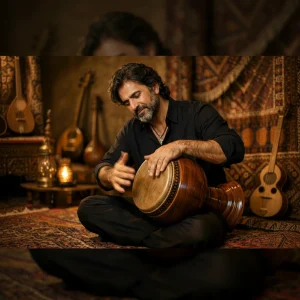 تصویر یک مدرس تنبک در یک محیط سنتی و پر از ساز آلات موسیقی در حال نواختن تنبک می باشد.