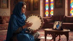 تصویر یک خانم که در حال دف نوازی هست و داره به صورت آفلاین از یک مدرس خانم دف داره یاد میگیره.