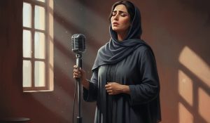 تصویر یک خانم ایرانی در حال خوانندگی و آواز خواندن در حالی که نوری از پنجره بر روی صورت او افتاده است و نشانگر امیدواری به آینده درخشان خود در ایران است.