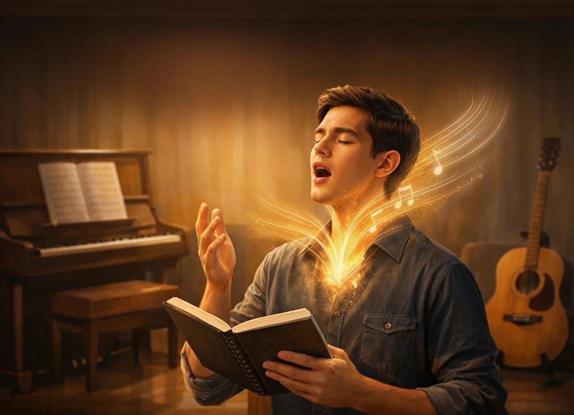 تصویر یک مرد که در حال آواز خواندن است و حنجره اش با انجام صحیح تمرینات سلفژ و صداسازی در سلامت کامل قرار دارد.