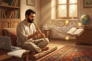 تصویر یک آقا در حال آموزش دیدن ساز نی به صورت آفلاین از سایت Dordo.ir