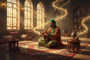 تصویر یک نی نواز در حال پذیرایی در حالی که نور از پنجره بر روی او می تابد و او از نی نوازی لذت می برد.