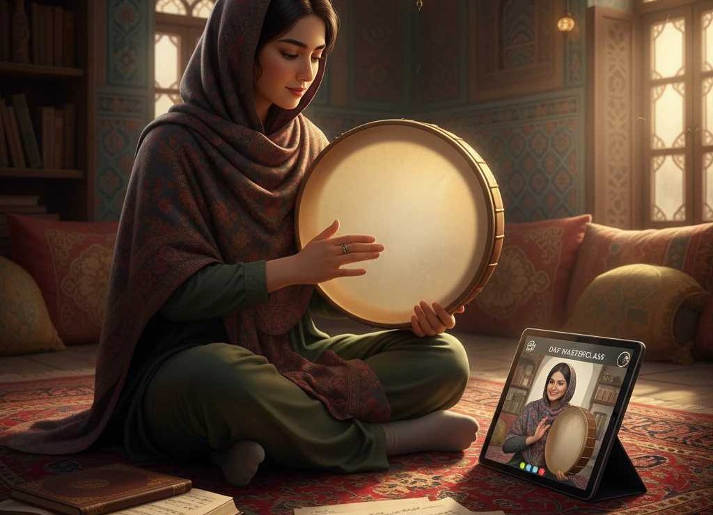 تصویر یک خانم که در حال آموزش دیدن دف با پکیج آموزش دف سایت Dordo.ir به صورت آفلاین می باشد.