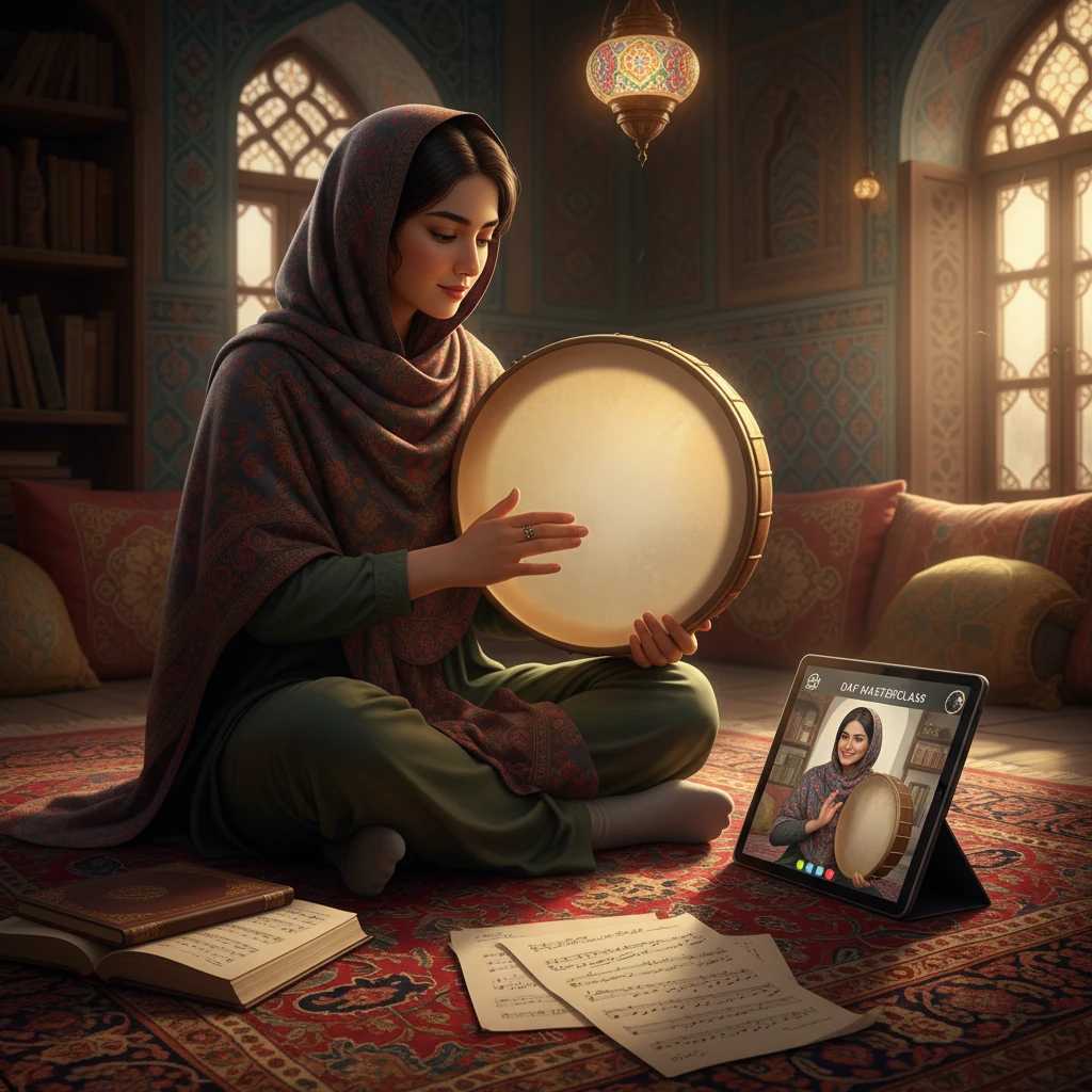 تصویر یک خانم که در حال آموزش دیدن دف با پکیج آموزش دف سایت Dordo.ir به صورت آفلاین می باشد.