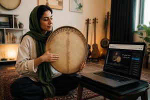 تصویر یک خانم در حال دف نوازی هست که داره از روی لپ تاپش داره فیلم های آموزش دف سایت Dordo.ir رو میبینه.